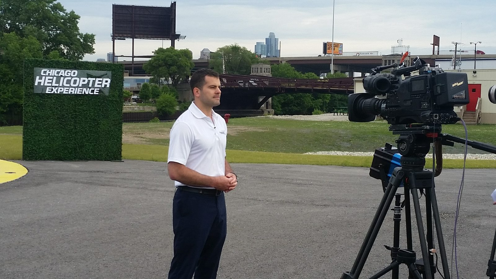 Trevor during a TV interview at the heliport