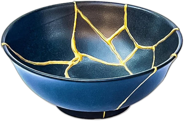 A black bowl repaired with gold kintsugi seams